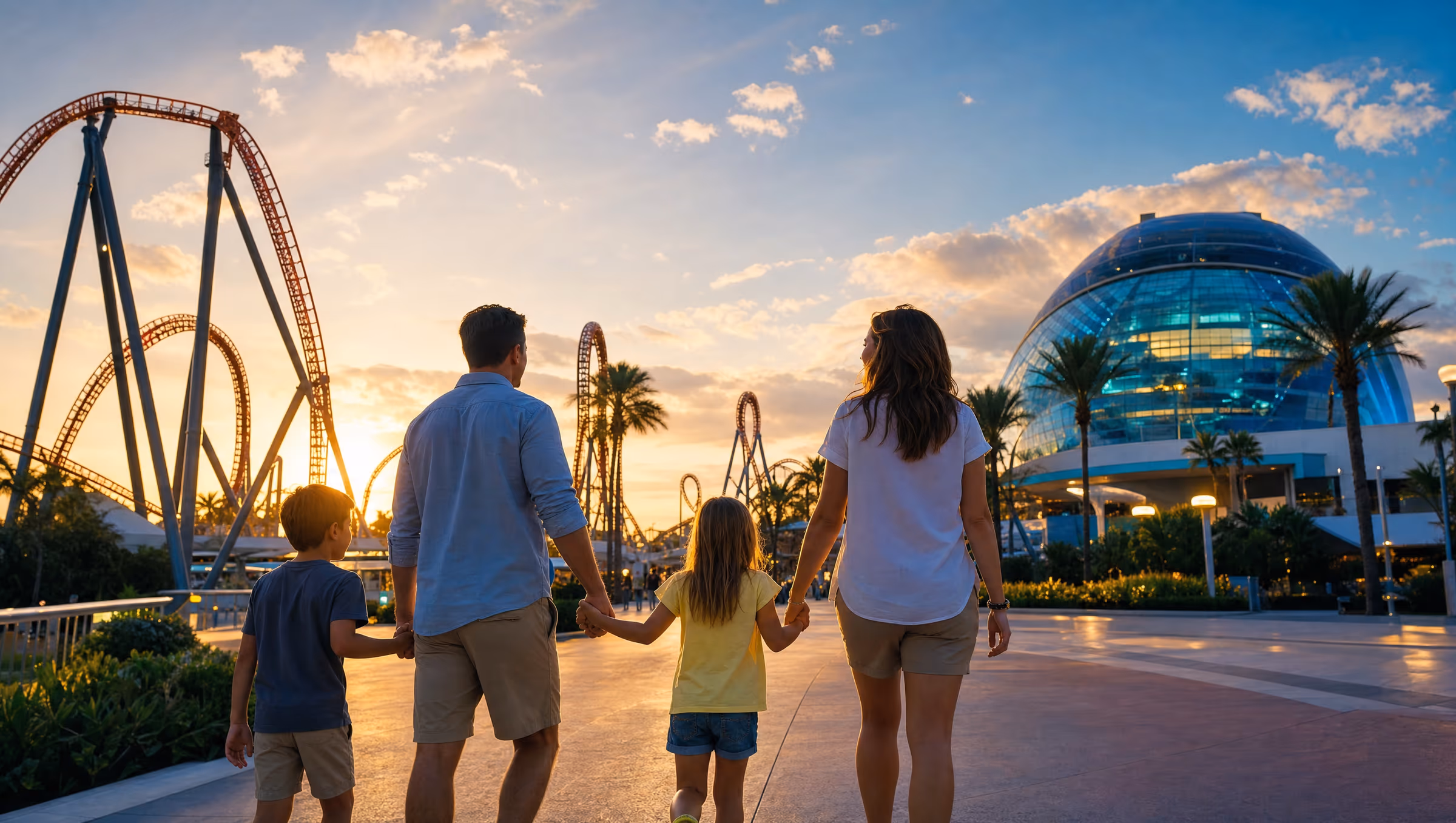 Family walking toward a glowing theme park at golden hour