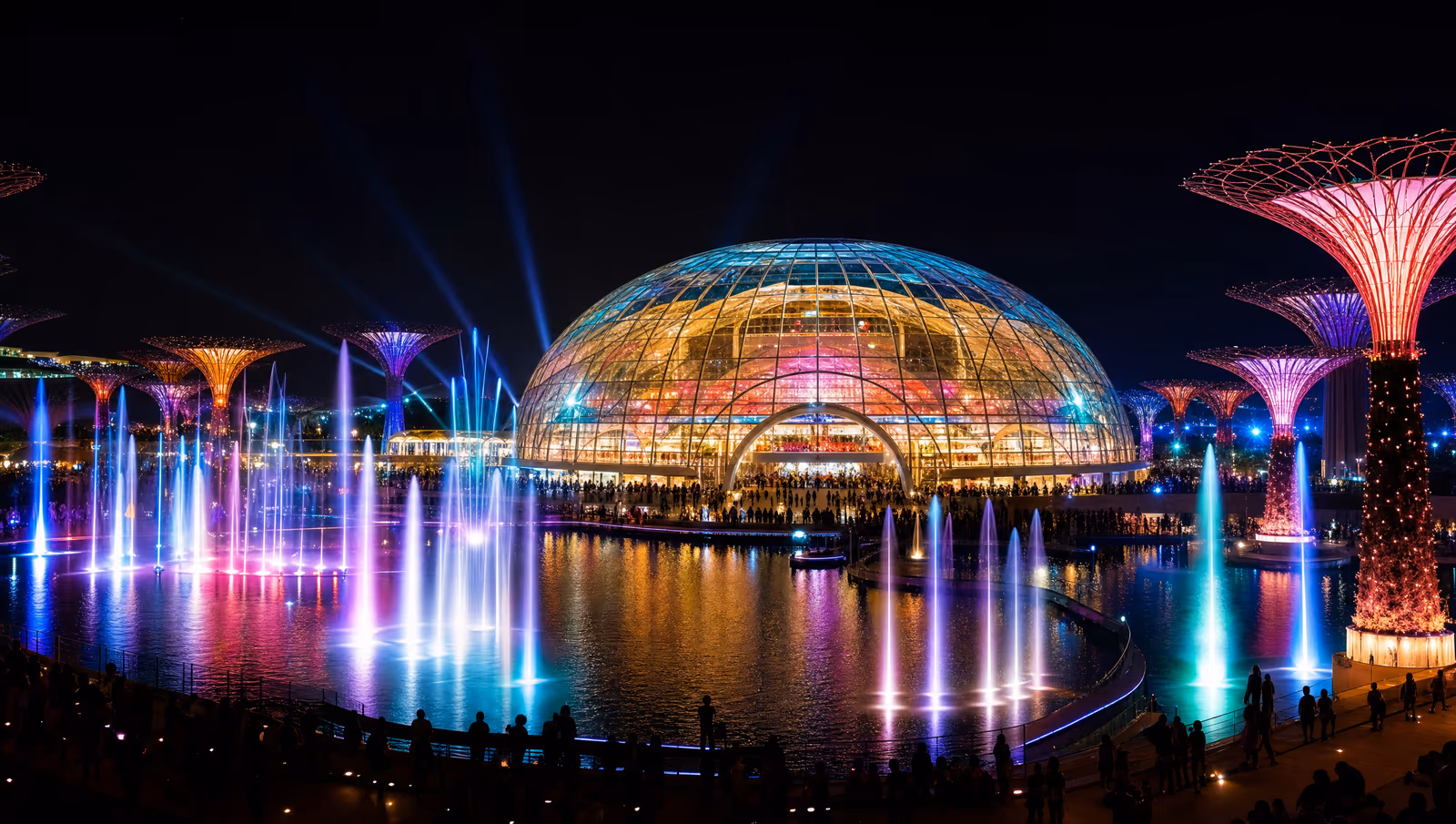 Illuminated dome and fountains at a theme park at night